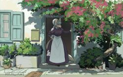  1girl apron black_dress boots check_commentary commentary_request dress furry furry_female hair_bun haruaki_(onkai_planaria) house long_dress maid morning original plant potted_plant scenery tail tree 