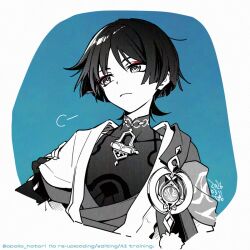  1boy anemo_symbol_(genshin_impact) apollo_hotori arms_at_sides blue_background blunt_ends border choppy_bangs closed_mouth covered_collarbone cropped_torso expressionless eyeliner gem genshin_impact greyscale_with_colored_background japanese_clothes juban kimono layered_sleeves makeup male_focus mandarin_collar open_clothes open_kimono parted_bangs pom_pom_(clothes) portrait puff_of_air red_eyeliner rope scaramouche_(genshin_impact) short_sleeves shoulder_peek side_cape solo spot_color tsurime twitter_username vision_(genshin_impact) wanderer_(genshin_impact) watermark white_border 