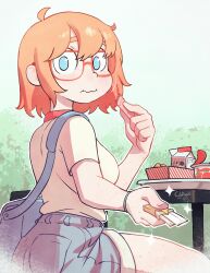  1girl absurdres aged_down arm_freckles artist_name bag blue_eyes body_freckles breasts bush candy chewing_gum colo_(nagrolaz) cowlick drink_carton food food_print freckles fruit_print glasses handbag highres holding holding_candy holding_food medium_breasts medium_hair milk_carton orange_hair pov red-framed_eyewear rita_(sweethex) sharing shirt shorts sparkle strawberry_print sweethex t-shirt table white_shirt yogurt 