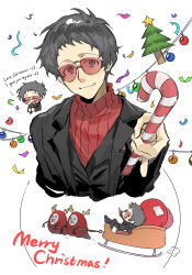  1boy adachi_tooru black_hair black_jacket candy candy_cane chengmingraven chibi christmas_ornaments closed_mouth commentary confetti english_text food glasses highres holding holding_candy holding_candy_cane holding_food jacket long_sleeves male_focus multiple_views persona persona_4 red-tinted_eyewear red_sweater ribbed_sweater shadow_(persona) short_hair sweater tinted_eyewear 