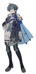  1boy armor betti_(xx_betti) black_boots black_coat blue_cape blue_hair boots cape closed_mouth coat collared_shirt full_body genshin_impact hand_on_own_hip highres lohen_(genshin_impact) long_sleeves looking_at_viewer male_focus open_clothes open_coat parted_lips pauldrons shirt shoulder_armor side_cape simple_background single_pauldron solo standing white_background wing_collar 