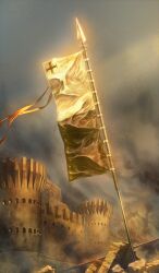  banner battle_standard commentary_request cross dust fate/grand_order fate_(series) fortress game_cg greek_cross grey_background higashiyama_hayato no_humans object_focus official_art planted third-party_source war_banner wind 