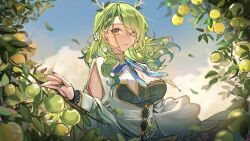  1girl antlers apple braid braided_bangs branch breasts ceres_fauna ceres_fauna_(1st_costume) commentary cowboy_shot dress flower food fruit green_apple green_flower green_hair green_nails green_rose hair_branch hair_flower hair_ornament hololive hololive_english horns large_breasts long_hair mole mole_under_eye multicolored_hair rose solo tree_horns untranslatable_commentary venn_(vebonbon) virtual_youtuber yellow_eyes 