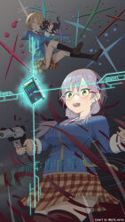  1other 2girls absurdres black_ribbon brown_hair cat commentary_request earpiece glasses green_eyes hair_ornament hairpin heaven_burns_red highres izumi_yuki_(heaven_burns_red) kayamori_ruka mstk_works multiple_girls necktie open_mouth red_necktie ribbon school_uniform short_hair socks toy_gun 