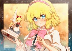  1girl alice_margatroid blonde_hair blue_eyes blush book bow bowtie breasts capelet frilled_hairband frills hairband highres holding holding_book holding_polearm holding_weapon jewelry lance large_breasts looking_at_viewer medium_hair open_book open_mouth pink_bow pink_bowtie pink_hairband polearm ring rinka_(qqqrinkappp) shanghai_doll smile solo touhou traditional_media weapon white_capelet 