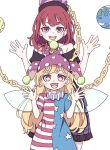 2girls absurdres american_flag_dress black_shirt blonde_hair blush_stickers chain clownpiece colored_skin dress earth_(ornament) fairy fairy_wings frilled_skirt frills hat hecatia_lapislazuli highres jester_cap kame_(kamepan44231) long_hair moon_(ornament) multicolored_skin multiple_girls off-shoulder_shirt off_shoulder one-hour_drawing_challenge open_mouth pink_eyes polka_dot polka_dot_headwear polos_crown purple_headwear red_eyes redhead round_teeth shirt short_hair short_sleeves simple_background skirt smile star-shaped_pupils star_(symbol) star_print striped striped_dress symbol-shaped_pupils t-shirt teeth touhou upper_teeth white_background wings 