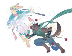  2boys animal_ears arm_behind_head battle_tendency blue_jacket bola_(weapon) bubble caesar_anthonio_zeppeli commentary_request crop_top crossed_arms denim facial_mark feather_hair_ornament feathers fingerless_gloves flat_color gijojogi gloves green_eyes green_scarf hair_ornament headband highres hydrokinesis jacket jeans jojo_no_kimyou_na_bouken joseph_joestar joseph_joestar_(young) kemonomimi_mode knee_pads korean_commentary male_focus midriff multiple_boys pants pink_scarf rabbit_ears rabbit_tail scarf sleeveless sleeveless_turtleneck striped_clothes striped_scarf tail triangle_print turtleneck vertical-striped_clothes vertical-striped_scarf water wolf_ears wolf_tail 