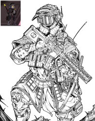  1boy absurdres armor assault_rifle gun helmet highres katana lightningace magazine_(weapon) mecha military monochrome rifle robot sanabi sword weapon weapon_request white_background 