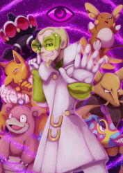  1boy ;d alakazam alolan_raichu aqua_pupils bruxish claydol colored_eyelashes commentary english_commentary eye_symbol faba_(pokemon) facial_hair fangs gloves goatee green-tinted_eyewear green_hair grin highres holding holding_pendulum hypno index_finger_raised jacket lips long_eyelashes long_sleeves male_focus nethermation nostrils one_eye_closed open_mouth pendulum pink_eyes pink_lips pokemon pokemon_(creature) pokemon_sm pokemon_team psychic_type_theme_(pokemon) sharp_teeth short_hair slowbro smile teeth tinted_eyewear white_gloves white_jacket 