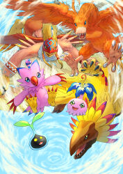  6+others armband beak bird bird_tail bird_wings birdramon black_armband blonde_hair blue_eyes clawed_wings claws colored_skin commentary digimon digimon_(creature) digimon_adventure evolutionary_line feather_hair feather_tail flower flying garudamon green_eyes helmet highres hououmon looking_at_viewer mask multiple_others no_humans no_pupils nostrils nyokimon open_mouth piyomon pyocomon seed sharp_teeth sky smile tail talons teeth tongue tornado wind wings wrongscale yellow_eyes 