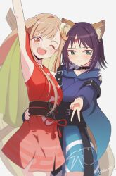  2girls absurdres animal_ears arm_up black_choker black_hair blonde_hair blue_kimono blue_nails blush cho_kaguya-hime! choker closed_mouth commentary crescent crescent_hair_ornament egasumi forehead_jewel fox_ears fox_girl fox_tail green_eyes gyaru_v hair_ornament hand_on_another's_shoulder hand_on_another's_waist highres japanese_clothes kaguya_(cho_kaguya-hime!) kimono kutzuha long_hair medium_hair multiple_girls nail_polish one_eye_closed open_mouth rabbit_ears rabbit_girl red_eyes sakayori_iroha tail teeth upper_teeth_only v 