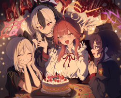  4girls absurdres aru_(blue_archive) birthday birthday_cake black_choker black_hoodie black_horns black_jacket blue_archive bright_pupils brown_horns cake candle candlelight choker closed_eyes commentary dated_commentary demon_horns dress_shirt food garrison_cap gloves grey_hair grey_halo grin hair_between_eyes hair_ornament hairclip halo happy_birthday happy_tears haruka_(blue_archive) hat highres hood hoodie horns jacket kayoko_(blue_archive) letter_balloon low_horns multicolored_hair multiple_girls mutsuki_(blue_archive) neck_ribbon okkimon open_mouth orange_eyes orange_halo problem_solver_68_(blue_archive) purple_hair purple_halo purple_jacket red_eyes red_halo ribbon shirt short_hair smile table tearing_up tears two-tone_hair untranslatable_commentary violet_eyes white_gloves white_pupils white_shirt 