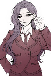  16personalities 1girl absurdres buttoned_cuffs buttons commander_(16personalities) commentary_request curtained_hair double-breasted earrings forehead hair_behind_ear hair_half_over_shoulder hand_on_own_hip hand_up highres ikqgon jacket jewelry lapels light_frown long_hair long_sleeves looking_at_viewer necktie notched_lapels parted_lips pinching_gesture pocket purple_hair red_eyes red_jacket red_necktie simple_background solo straight-on stud_earrings suit suit_jacket upper_body wavy_hair white_background wing_collar 