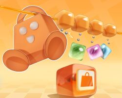  :d bag commentary eshop_bag highres icon_(computing) loading_screen nintendo nintendo_eshop no_humans orange_theme shopping_bag smile tile_floor tiles twitter_username vivavizor 