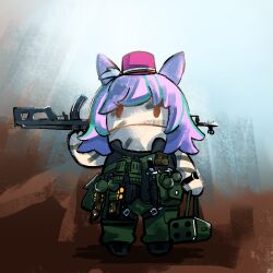  ammunition animal_ears aqua_streaks boots commando_(movie) commentary_request cosplay explosive facepaint grenade gun hat highres holding holding_gun holding_weapon horse_ears horse_girl john_matrix john_matrix_(cosplay) knife m202_flash magazine_(weapon) marche_lorraine_(umamusume) multicolored_hair multishot_rocket_launcher over_shoulder pink_hair puppet rifle rocket_launcher shotgun_shell streaked_hair tactical_clothes umamusume vest war_paint watch weapon weapon_over_shoulder what_is_(pix30d) 