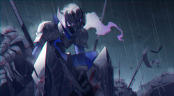  1other absurdres after_battle arm_blade armor arms_between_legs bird blade_arm blood blood_on_armor blood_on_ground blood_on_weapon breastplate ceruledge clouds cloudy_sky colored_skin commentary corpse crow dappled_moonlight dated death evening facing_to_the_side fire flag flaming_eye greaves helmet highres hitodama hunched_over leaning_forward leg_armor looking_ahead moonlight outdoors overcast pauldrons plume pokemon pokemon_(creature) pokemon_focus polearm purple_armor purple_helmet purple_skin rain ruins shoulder_armor sitting sitting_on_person sky torn_flag user_pesg8385 violet_eyes weapon wet 