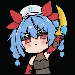  1girl banana blue_gloves blue_hair chibi colphne_(girls'_frontline_2) colphne_(silent_heart)_(girls'_frontline_2) food fruit girls'_frontline_2:_exilium girls_frontline gloves hat holding holding_food looking_at_viewer lowres red_eyes rishe_(reeeeshe) upper_body white_background 
