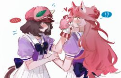  ! !? 2girls ? animal_ears blush bow bowtie breasts brown_hair closed_mouth commentary ear_covers ears_through_headwear facial_mark hair_between_eyes hair_ornament hand_puppet hat heart heart_facial_mark heart_on_cheek highres horse_ears horse_girl horse_tail long_hair looking_at_another loves_only_you_(umamusume) marche_lorraine_(umamusume) mismatched_ear_covers multicolored_hair multiple_girls parted_lips pleated_skirt puffy_short_sleeves puffy_sleeves puppet purple_bow purple_bowtie purple_shirt red_hair saawawa sailor_collar sailor_shirt school_uniform shirt short_hair short_sleeves simple_background skirt speech_bubble spoken_exclamation_mark spoken_question_mark sweatdrop tail tracen_school_uniform umamusume untranslatable_commentary violet_eyes white_background white_sailor_collar white_skirt yellow_eyes yuri 