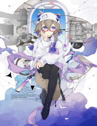  1girl absurdres animal_ears arknights beanie blue_pupils boots braid brown_hair contrail_(arknights) ears_through_headwear english_commentary glasses gradient_hair hat highres long_hair multicolored_hair purple_hair purple_scarf rectangular_eyewear red-framed_eyewear scarf semi-rimless_eyewear shuuyakikou smile solo squirrel_ears squirrel_tail tail twin_braids violet_eyes white_hat 