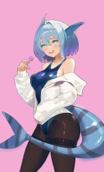  1girl absurdres aqua_eyes black_pantyhose chupa_chups fins fish_tail highres indie_virtual_youtuber looking_at_viewer off_shoulder one-piece_swimsuit pantyhose rishe_(reeeeshe) shark_girl shark_tail swimsuit tail 