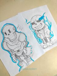 1boy 2025 2boys 2d aqua_background arm_at_side armor artist_name black_shorts blue_jacket bone boots brothers chibi chibi_only closed_mouth commentary drawstring duo english_commentary fiery_background flaming_eye full_body gloves glowing glowing_eye graphite_(medium) grey_hood half-closed_eyes hand_on_own_hip hands_in_pockets highres hollow_eyes hood hood_down hooded_jacket humanoid jacket long_sleeves male male_focus male_only marker_(medium) monochrome monster monster_boy open_clothes open_jacket papyrus_(undertale) photo_(medium) sans_(undertale) scarf shirt shorts siblings sideways_glance signature simple_background single_vertical_stripe skeleton slippers socks solo standing striped_shorts teeth thedavidart traditional_media undead undertale utdr_(toby_fox) vertical-striped_clothes vertical-striped_shorts white_background white_shirt white_stripes