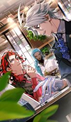  3boys ahoge ashoka_(fate) black_hair black_jacket black_vest blue_hair blurry blurry_foreground braid cafe chaldea_boys_collection closed_eyes commentary_request computer cup dante_alighieri_(fate) dark-skinned_male dark_skin dutch_angle fate/grand_order fate_(series) fuji_mitsuya game_cg gloves grey_eyes grey_shirt hair_over_shoulder hand_on_own_chin holding holding_tray indoors jacket james_moriarty_(ruler)_(fate) laptop long_hair long_sleeves male_focus mug multicolored_hair multiple_boys my_kind_of_abduction necktie official_art open_mouth red_hair red_shirt shirt short_hair sitting suit tattoo third-party_source tray two-tone_hair typing vest white_gloves white_hair white_shirt 