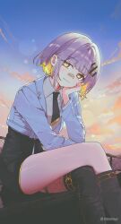  1girl absurdres bandaid bandaid_on_face bandaid_on_nose commentary grey_hair hachi_(live_union) highres jacket live_union looking_at_viewer open_clothes rishe_(reeeeshe) shirt sitting solo virtual_youtuber yellow_eyes 