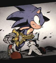  1boy broken broken_sword broken_weapon commentary_request full_body gauntlets green_eyes hanadahanaya holding holding_sword holding_weapon male_focus parted_lips single_gauntlet solo sonic_(series) sonic_the_hedgehog sword weapon 