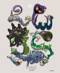  2025 animal_focus arbok ashionglee chinese_zodiac closed_eyes commentary dudunsparce dudunsparce_(three-segment) dunsparce ekans english_commentary english_text fangs forked_tongue full_body grey_background instagram_username no_humans onix open_mouth pokemon pokemon_(creature) pokemon_focus red_eyes sandaconda serperior servine seviper silicobra simple_background smile snake snivy species_connection steelix teeth tongue tongue_out year_of_the_snake zygarde zygarde_(50) 
