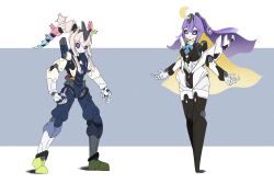  2girls airani_iofifteen airani_iofifteen_(1st_costume) black_sclera blonde_hair blue_hair closed_mouth colored_sclera commentary deevious_deevi english_commentary full_body high_ponytail highres hololive hololive_indonesia joints long_hair looking_at_viewer mechanical_hair metal_skin moona_hoshinova moona_hoshinova_(1st_costume) multicolored_eyes multicolored_hair multiple_girls pink_hair ponytail purple_hair robot_girl robot_joints simple_background smile standing violet_eyes virtual_youtuber yellow_eyes 