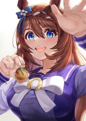  1girl absurdres animal_ears blue_eyes blush bow bowtie braid breasts brown_hair commentary_request ear_bow feeding food hair_between_eyes highres holding holding_spoon horse_ears horse_girl incoming_food large_breasts long_hair long_sleeves looking_at_viewer multicolored_hair open_mouth purple_sailor_collar purple_shirt sailor_collar sailor_shirt school_uniform shirt shuten_(shutehaan) simple_background smile solo spoon streaked_hair super_creek_(umamusume) takoyaki teeth textless_version tracen_school_uniform umamusume upper_teeth_only very_long_hair white_background white_bow white_bowtie white_hair 