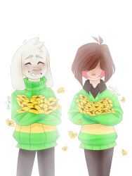  1boy 1other 2020 2d ambiguous_gender animal_ears anthro artist_name asriel_dreemurr black_pants black_shirt body_fur brown_hair brown_pants chara_(undertale) closed_eyes collared_shirt cowboy_shot dated digital_media droopy_ears duo fangs floppy_ears flower furry furry_male galaxy975 goat goat_boy goat_ears green_sweater grin hair_over_eyes highres horizontal-striped_clothes human long_sleeves male mammal monster monster_boy pants petals shirt short_hair side-by-side signature simple_background single_horizontal_stripe smile straight-on striped_clothes striped_sweater sweater two-tone_sweater undertale utdr_(toby_fox) white_background white_fur yellow_flower yellow_petals yellow_stripes 