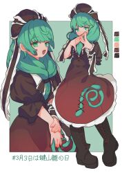  1girl absurdres alternate_color arm_ribbon boots brown_dress brown_ribbon color_guide commentary_request cowboy_shot dress front_ponytail full_body furrowed_brow gradient_clothes gradient_dress green_eyes hair_ribbon hand_on_own_arm hands_up highres kagiyama_hina lace-up_boots long_hair looking_at_viewer multiple_views myakopu open_mouth outside_border pigeon-toed puffy_short_sleeves puffy_sleeves red_dress ribbon short_sleeves smile standing steepled_fingers touhou two-tone_dress v_arms 