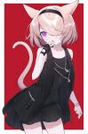  1girl animal_ears avatar_(ff14) black_camisole black_jacket black_shorts bracelet camisole cat_ears cat_tail final_fantasy final_fantasy_xiv fingerless_gloves funa_(sakana) gloves hair_over_one_eye hairband hand_to_own_mouth highres jacket jewelry light_brown_hair miqo&#039;te open_clothes open_jacket pendant ring short_hair short_shorts shorts single_fingerless_glove sleeveless sleeveless_jacket tail violet_eyes 
