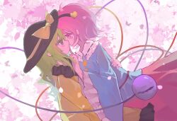  2girls absurdres black_hairband black_hat blue_shirt blush buttons collared_shirt commentary_request dutch_angle eye_contact finger_to_another's_mouth floral_background frilled_shirt_collar frilled_sleeves frills green_eyes green_hair hairband hand_on_another's_back hand_up hat hat_ribbon heart_button highres komeiji_koishi komeiji_satori long_sleeves looking_at_another multiple_girls pink_eyes pink_hair pink_skirt ribbon shenjianwuzhi shirt short_hair siblings sisters skirt standing third_eye touhou wide_sleeves yellow_ribbon yellow_shirt yuri 