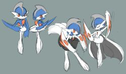  2boys 2girls alternate_color alternate_design alternate_hairstyle alternate_universe arm_blade arm_up black_skirt blue_hair blue_skin bob_cut cape closed_eyes colored_skin dancing facing_another fakemon gallade genderswap genderswap_(mtf) grey_background hand_on_own_hip lampette looking_to_the_side mega_gallade mega_pokemon mega_pokemon_(other) mohawk multicolored_skin multiple_boys multiple_girls pleated_skirt pokemon pokemon_(creature) pokemon_focus red_eyes red_hair sexual_dimorphism shiny_pokemon sketch skirt tutu two-tone_skin unfinished weapon white_cape white_skin white_skirt 