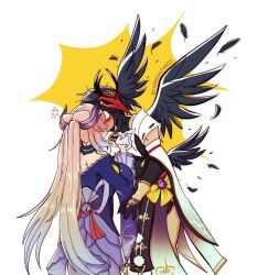  2girls anger_vein black_feathers black_hair black_wings blonde_hair blue_dress blue_hair blush commentary dress english_commentary feathers genshin_impact gloves highres kiss kujou_sara long_hair mask mask_on_head multicolored_hair multiple_girls paulie_fishballs sangonomiya_kokomi surprise_kiss surprised tengu_mask twitter_username two-tone_hair vision_(genshin_impact) white_gloves wings yuri 