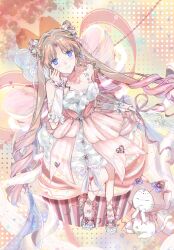  1girl =_= animal anklet arm_warmers back_bow bare_shoulders bead_necklace beads blonde_hair blue_eyes bow bow_in_eye bowtie cat chinese_commentary cloak closed_mouth clothed_animal colorful_background commentary_request dot_nose double_bun dreamtime_bestowed_(infinity_nikki) dress dress_bow drill_hair ear_covers fins footwear_bow frilled_arm_warmers frills full_body gem gem_hair_ornament gradient_hair hair_bow hair_bun hands_on_own_chin happy head_fins heart-shaped_gem high_heels highres hood hood_up hooded_cloak infinity_nikki jewelry large_bow layered_dress leg_ribbon light_blush long_hair looking_at_viewer medium_dress momo_(nikki) moyi652607 multicolored_hair multicolored_shoes neck_ribbon necklace nikki_(series) official_alternate_costume on_food parted_bangs pink_arm_warmers pink_bow pink_bowtie pink_cloak pink_dress pink_gem pink_hair pink_ribbon pink_shoes purple_bow ribbon ribbon_earrings shoes sidelocks sitting sleeveless sleeveless_dress smile spaghetti_strap sprinkles striped_bow twin_drills two-tone_hair two-tone_shoes very_long_hair white_bow white_cat white_dress white_shoes 