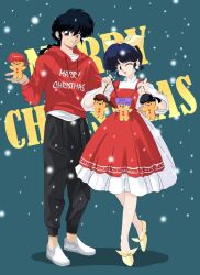  1boy 1girl ;d apron black_hair black_pants blue_hair braid brown_eyes christmas closed_mouth commentary_request highres hood hoodie jill_lien kunou_kodachi kuonji_ukyou merry_christmas one_eye_closed pants ranma-chan ranma_1/2 red_apron red_hoodie saotome_ranma shampoo_(ranma_1/2) shoes short_hair single_braid smile tendou_akane white_shoes yellow_eyes 