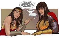  2girls armor belt big_barda black_hair bracer breastplate breasts cape dc_comics gloves gold_gloves gold_tiara long_hair multiple_girls muscular muscular_female red_cape smile stjepan_sejic superhero_costume tiara wonder_woman wonder_woman_(series) yellow_belt 