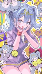  >_< 1girl ahoge blue_eyes blue_hair blue_nails blush blush_stickers bright_pupils center-flap_bangs chibi chibi_inset commentary fingernails hair_between_eyes hands_on_own_face hatsune_miku highres jacket nail_polish open_mouth outline partially_unzipped pink_shoes pom_pom_(cheerleading) purple_jacket shirt shoes short_twintails socks solo telepathy_(vocaloid) twintails upside-down urara_31_e vocaloid white_outline white_shirt white_socks wristband zipper_pull_tab 