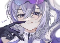  1girl black_gloves blush commentary_request crossed_bangs gloves goggles gradient-tinted_eyewear grey_eyes grey_hair hair_between_eyes highres honkai:_star_rail honkai_(series) looking_at_viewer rael_elle72 silver_wolf_(elation)_(honkai:_star_rail) silver_wolf_(honkai:_star_rail) solo tinted_eyewear tongue turtleneck upper_body 