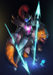  2015 2d 2girls alphys anthro aqua_flower armor armored_boots barefoot black_background black_eyepatch black_tank_top blue_pants blue_skin book boots breastplate buck_teeth coat colored_sclera colored_skin colored_teeth commentary dark dark_background digital_media dinosaur dinosaur_girl dual_wielding duo ear_fins echo_flower english_commentary eyepatch female female_only fins fish fish_girl flower full_body gauntlets glasses glowing glowing_flower glowing_weapon head_fins height_difference high_ponytail highres holding holding_book holding_manga holding_polearm holding_spear holding_weapon lab_coat legs_apart lizard lizard_girl lizard_tail long_hair long_sleeves manga_(object) max_davenport monster monster_girl multiple_girls open_mouth pants pauldrons photoshop_(medium) polearm ponytail red_boots red_eyes red_hair reptile reptile_girl reptile_tail scalie sharp_teeth signature simple_background slit_pupils spear standing tail tank_top teeth undertale undyne utdr_(toby_fox) weapon white_coat yellow_sclera yellow_skin yellow_teeth 