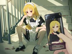  2girls ahoge apron black_dress black_nails black_shoes blonde_hair blush bocchi_the_rock! cellphone cellphone_photo closed_mouth commentary detached_ahoge dress drink_carton english_commentary highres hiroi_kikuri holding holding_phone ijichi_seika jl_tan juice_box long_hair looking_at_viewer maid_apron maid_headdress mary_janes multiple_girls phone pov pov_hands puffy_short_sleeves puffy_sleeves red_eyes shoes short_sleeves sidelocks sitting sitting_on_stairs smartphone socks stairs sunlight very_long_hair viewer_holding_phone white_socks 