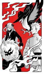  1boy 1girl barbwalken bird border cynthia_(pokemon) cyrus_(pokemon) greyscale_with_colored_background hair_over_one_eye highres honchkrow jacket long_hair outside_border pokemon pokemon_(creature) pokemon_dppt red_background short_hair spiritomb white_border 
