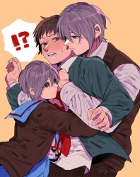  !? 1girl 2boys blazer blue_sailor_collar blue_skirt boy_and_girl_sandwich brown_background brown_cardigan brown_eyes brown_hair brown_pants brown_sweater_vest cardigan clone_harem closed_mouth collared_shirt commentary_request dual_persona expressionless genderswap genderswap_(ftm) green_jacket highres hug jacket kita_high_school_uniform kyon long_sleeves multiple_boys nagato_yuki nagato_yuuki necktie open_cardigan open_clothes open_jacket pants pleated_skirt purple_hair red_necktie red_ribbon ribbon sailor_collar sandwiched school_uniform serafuku shirt short_hair simple_background skirt spoken_interrobang surprised suzumiya_haruhi_no_yuuutsu sweater_vest white_shirt winter_uniform y_mochikome 