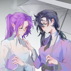  16personalities 2girls bad_id bad_lofter_id belt belt_around_waist black_hair black_necktie book cigarette collared_shirt commander_(16personalities) couple dress earrings glasses gradient_background grey_background hair_over_one_eye hand_on_another's_shoulder high_ponytail highres holding holding_book holding_umbrella inutileeeefuck jewelry logician_(16personalities) long_sleeves looking_down looking_to_the_side low_ponytail multiple_girls myers-briggs_type_indicator necktie parted_bangs ponytail purple_hair shade shirt smoke smoke_trail smoking standing umbrella violet_eyes wavy_hair white_shirt wide_sleeves yuri 