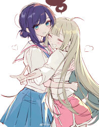  2girls absurdres ahoge blonde_hair blue_eyes blue_skirt cho_kaguya-hime! closed_eyes commentary hanaseto hand_on_another's_back hashtag-only_commentary heart highres holding_another's_waist hug kaguya_(cho_kaguya-hime!) light_blush long_hair low_ponytail multiple_girls open_mouth pink_shorts ponytail purple_hair sakayori_iroha school_uniform serafuku shirt short_sleeves shorts skirt speech_bubble straight_hair untranslatable_commentary watermark weibo_watermark white_background white_shirt yuri 