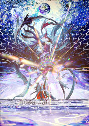  1girl absurdres arm_up armor artist_name boobplate cape cuirass earth_(planet) eldritch_abomination excalibur_(fate/stay_night) fate/grand_order fate_(series) faulds final_chapter_(fate/grand_order) gauntlets glowing glowing_sword glowing_weapon greaves highres light_rays liguangze maris_chaldeas mash_kyrielight mash_kyrielight_(paladin) monster multiple_wings pink_hair planet red_cape thigh-highs weapon wings 