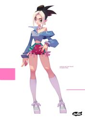  1girl black_hair blackpink blonde_hair closed_mouth commentary crop_top dinsai_studio earrings hair_bun hand_on_own_hip highres jennie_(blackpink) jewelry midriff necklace shoes shorts sidelocks simple_background single_bare_shoulder song_name thigh-highs white_background white_shoes white_thighhighs 